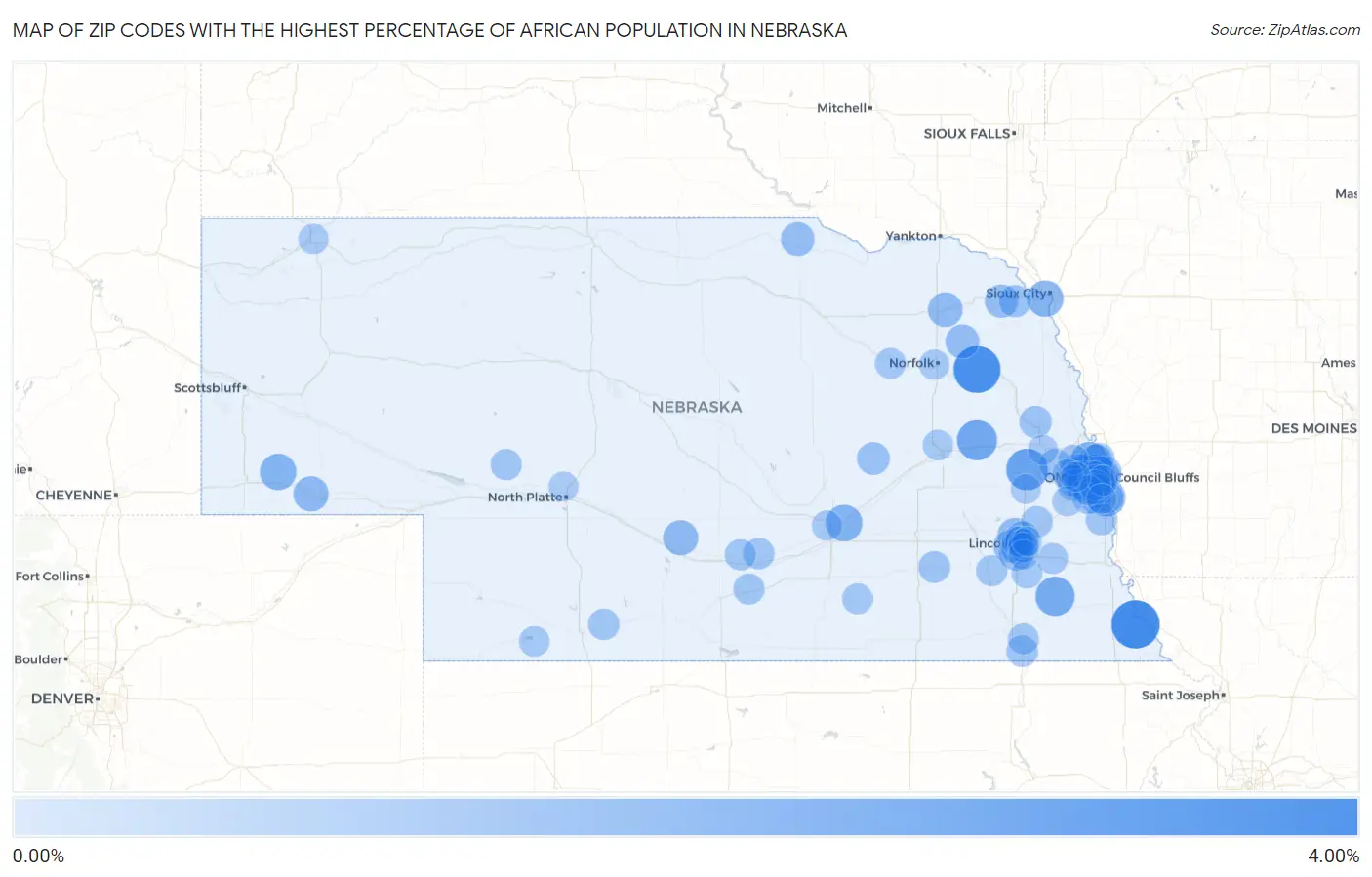 Zip Codes with the Highest Percentage of African Population in Nebraska Map