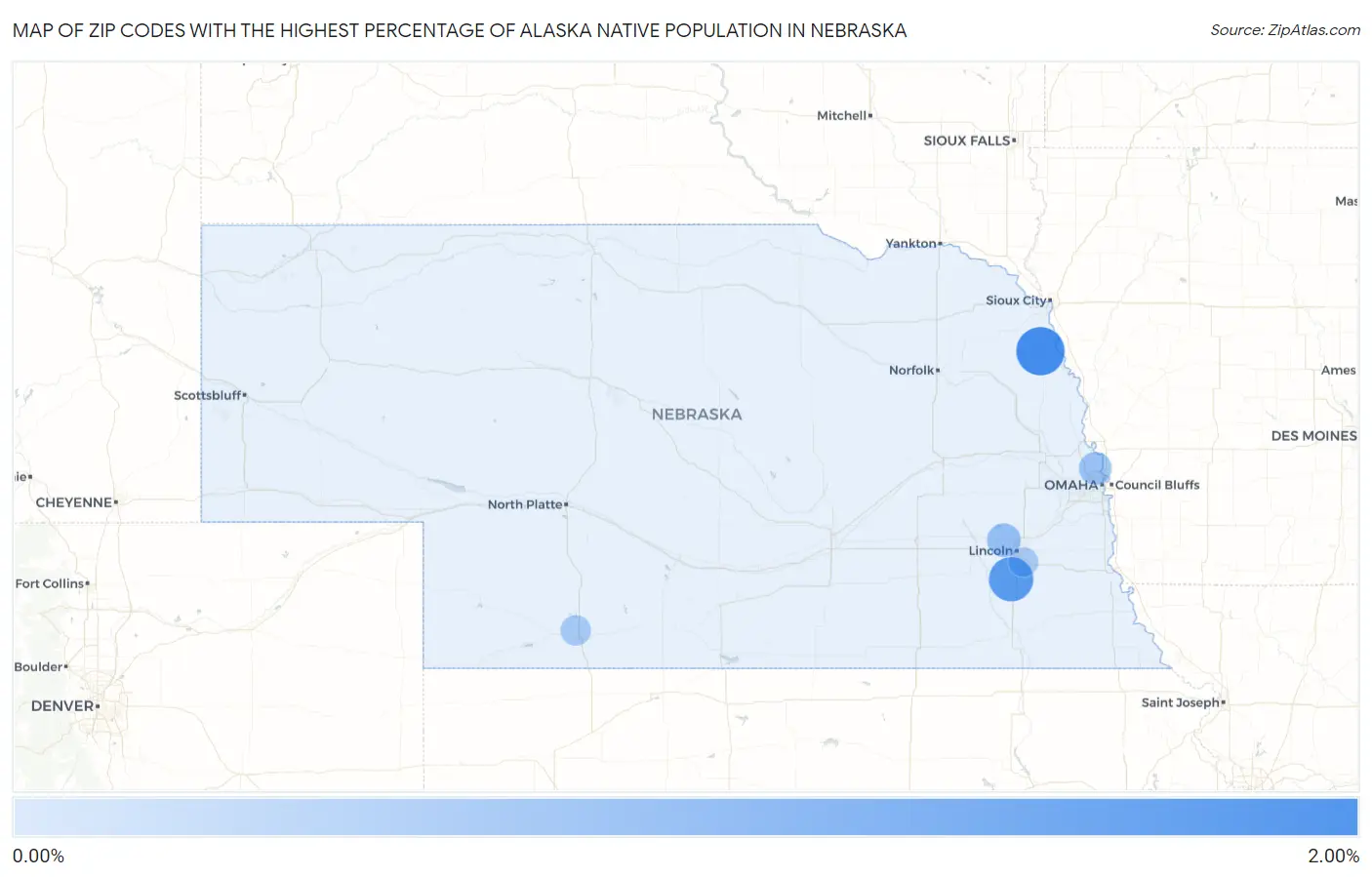 Zip Codes with the Highest Percentage of Alaska Native Population in Nebraska Map