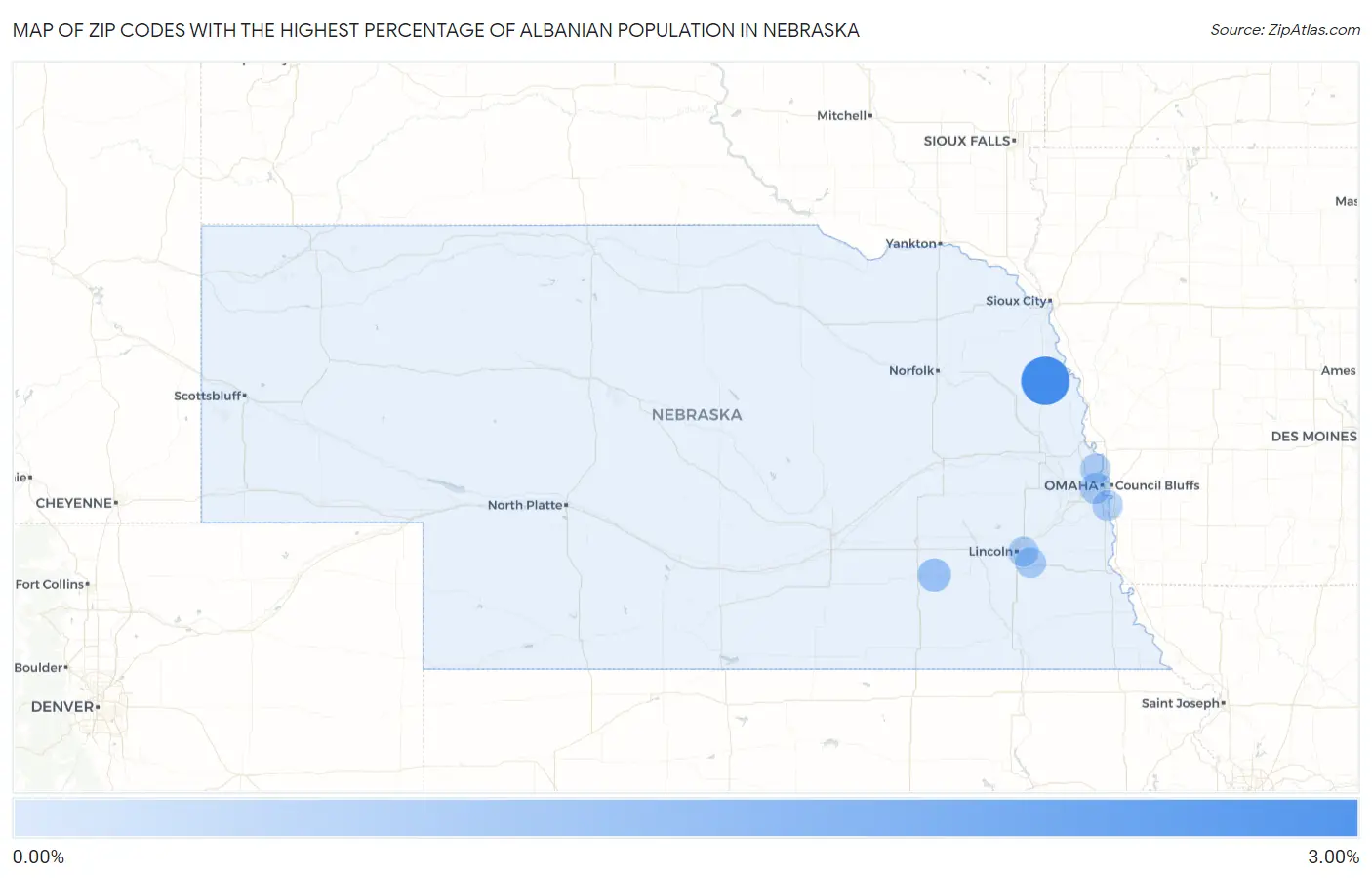 Zip Codes with the Highest Percentage of Albanian Population in Nebraska Map