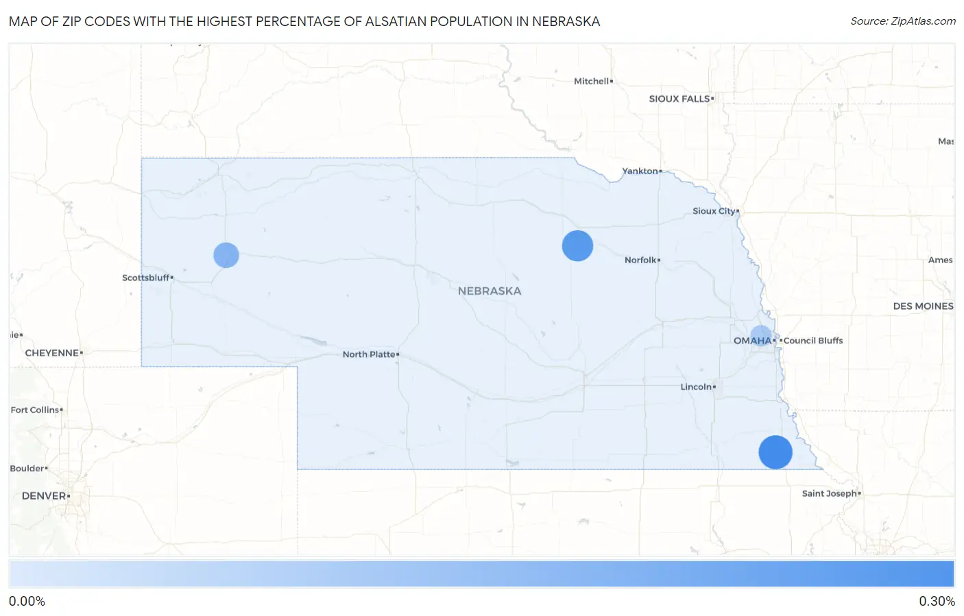 Zip Codes with the Highest Percentage of Alsatian Population in Nebraska Map