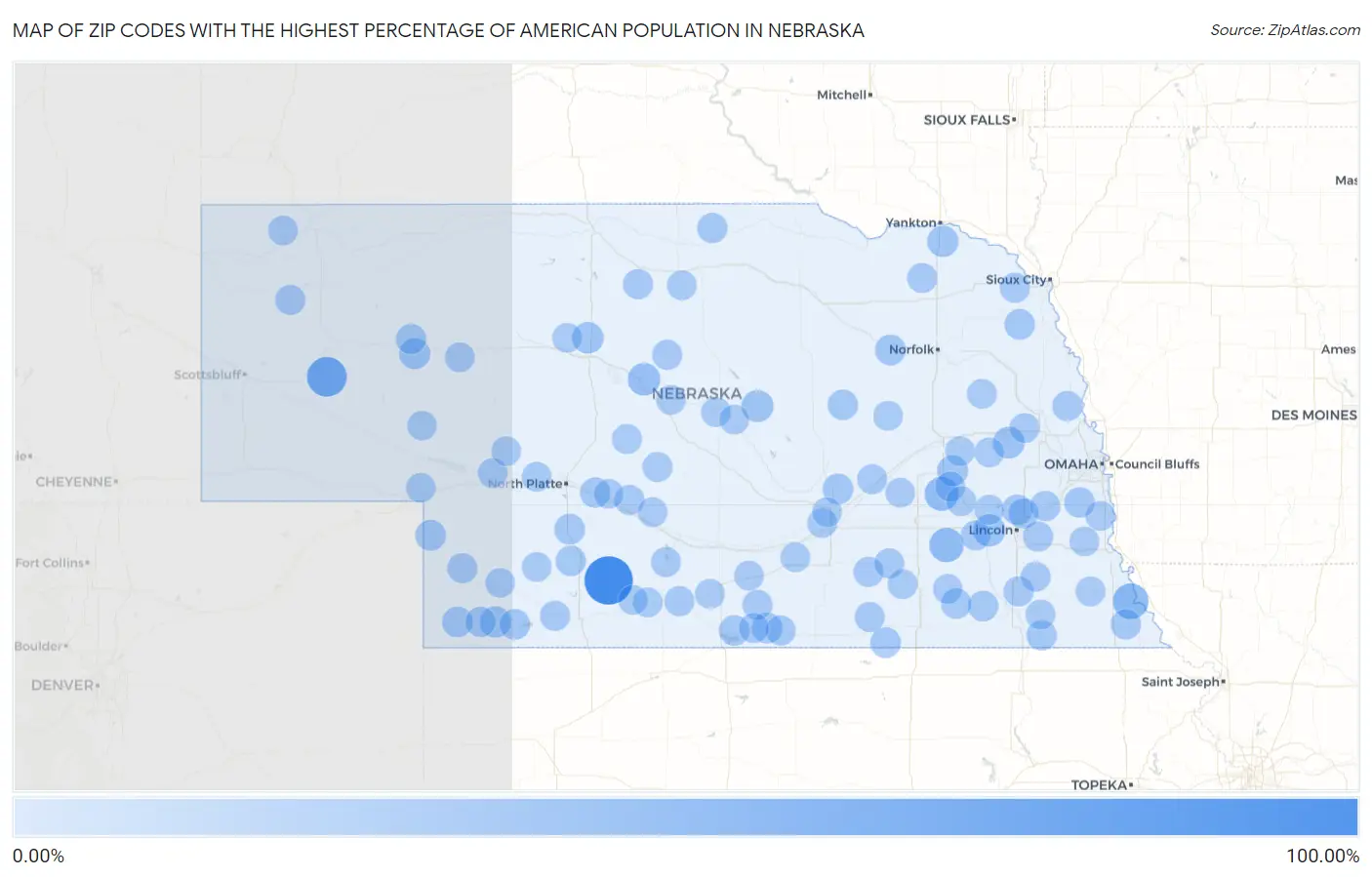 Zip Codes with the Highest Percentage of American Population in Nebraska Map