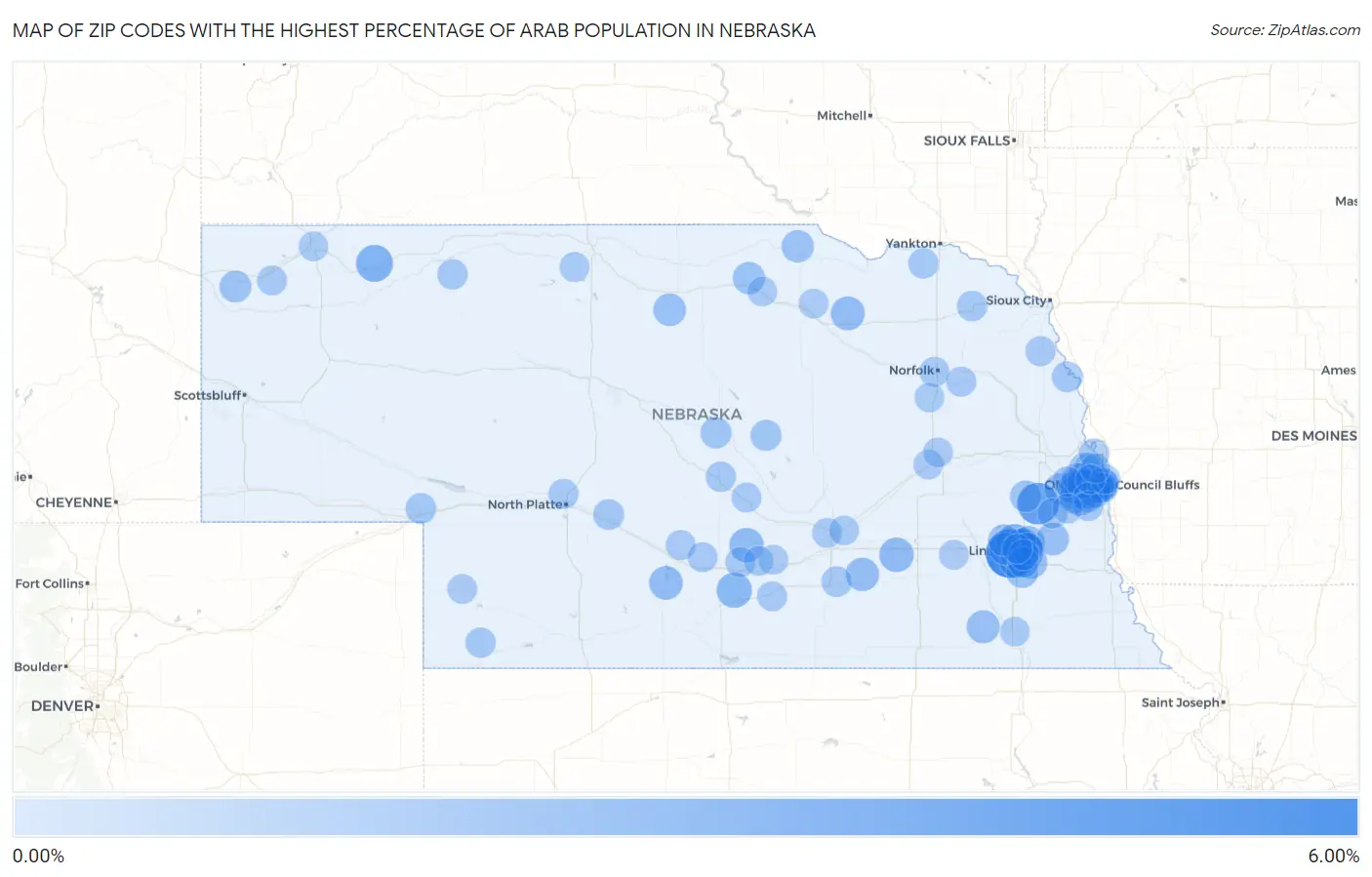 Zip Codes with the Highest Percentage of Arab Population in Nebraska Map