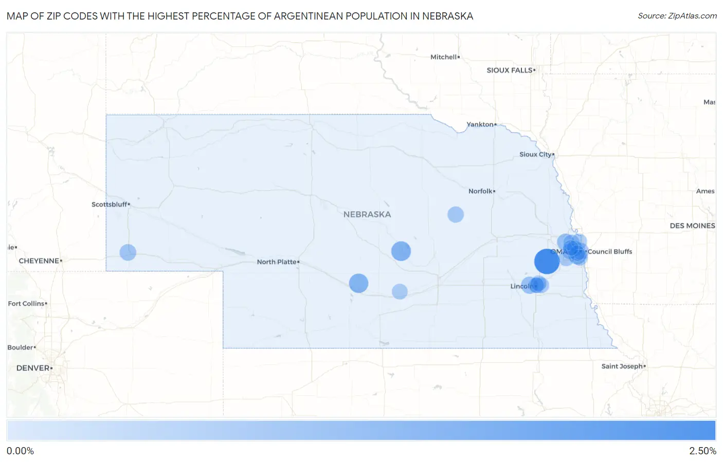 Zip Codes with the Highest Percentage of Argentinean Population in Nebraska Map