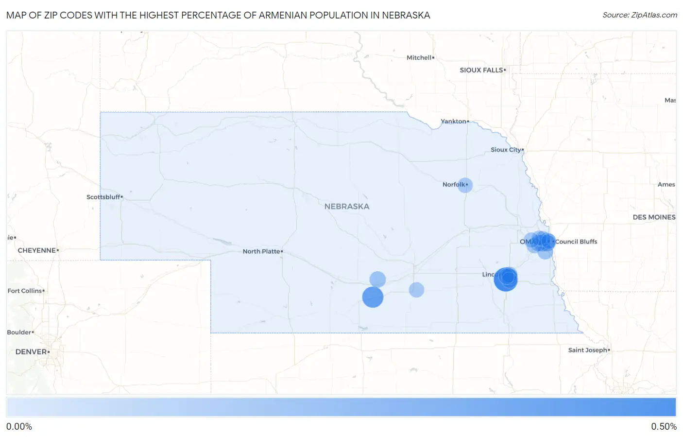 Zip Codes with the Highest Percentage of Armenian Population in Nebraska Map