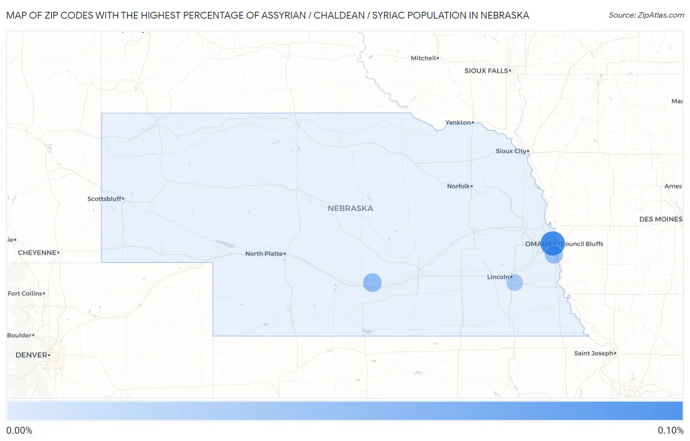 Zip Codes with the Highest Percentage of Assyrian / Chaldean / Syriac Population in Nebraska Map