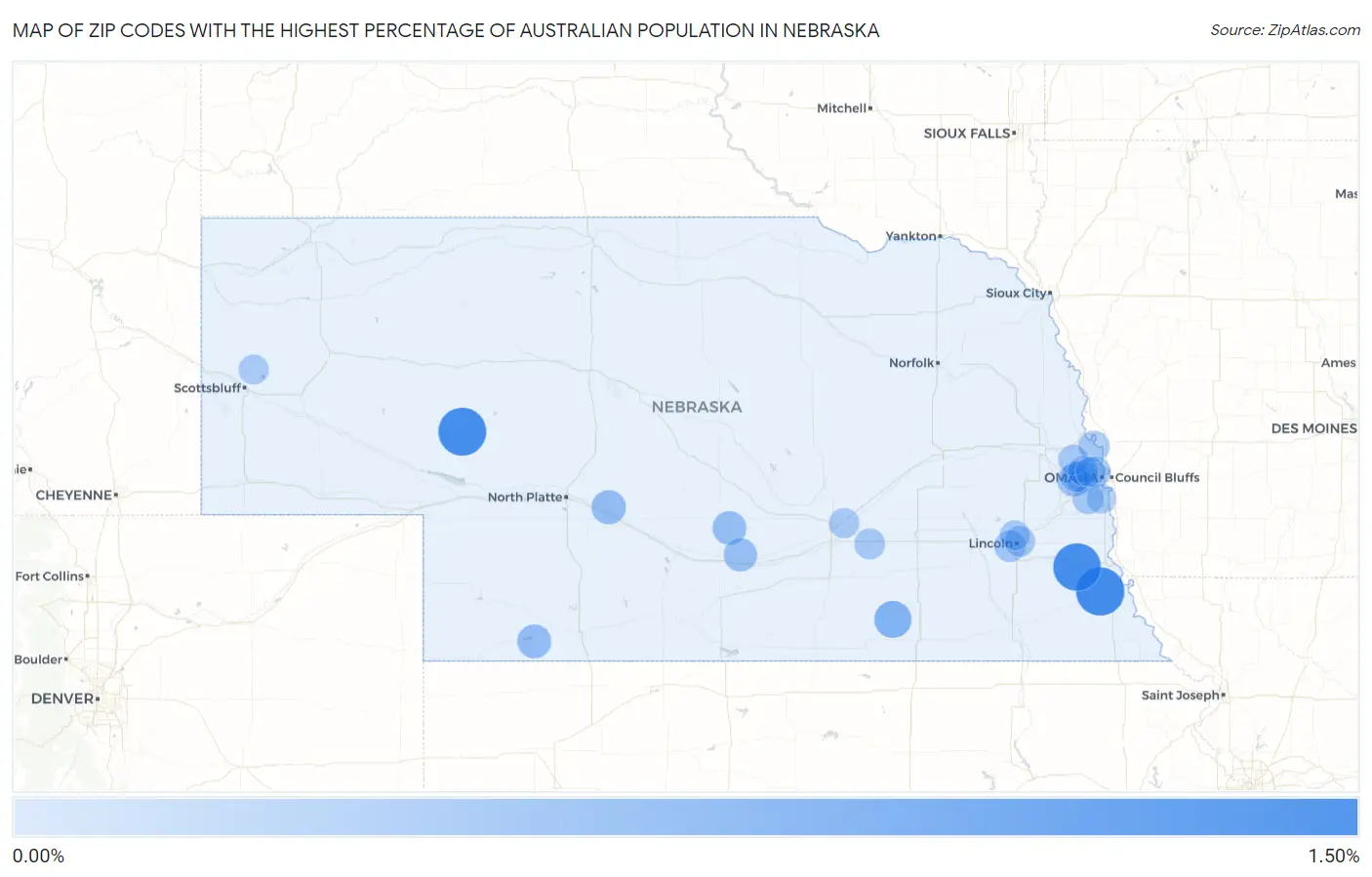 Zip Codes with the Highest Percentage of Australian Population in Nebraska Map