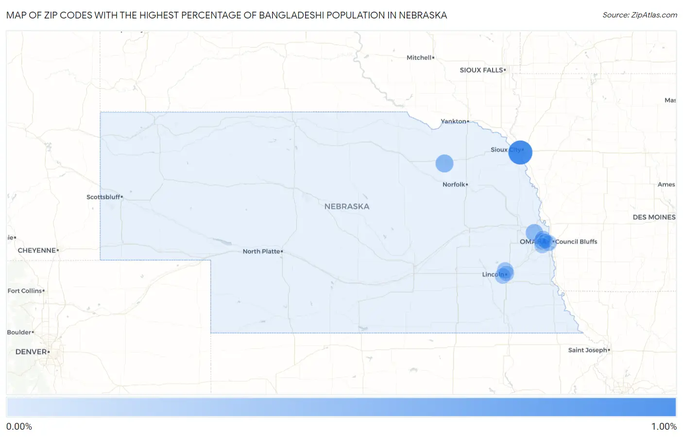 Zip Codes with the Highest Percentage of Bangladeshi Population in Nebraska Map