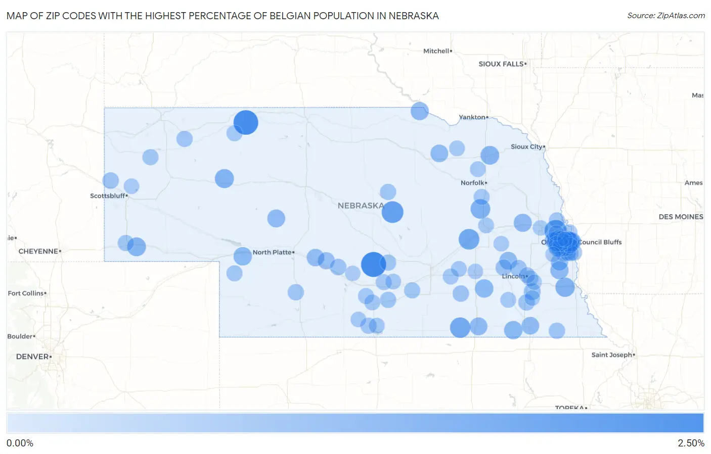 Zip Codes with the Highest Percentage of Belgian Population in Nebraska Map