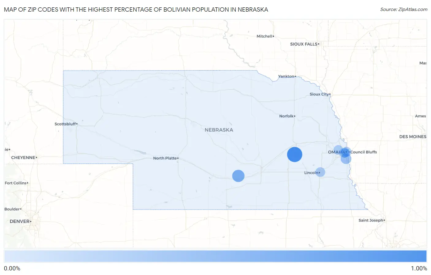 Zip Codes with the Highest Percentage of Bolivian Population in Nebraska Map