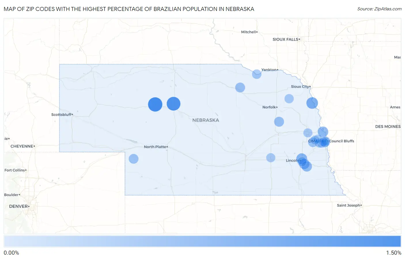 Zip Codes with the Highest Percentage of Brazilian Population in Nebraska Map