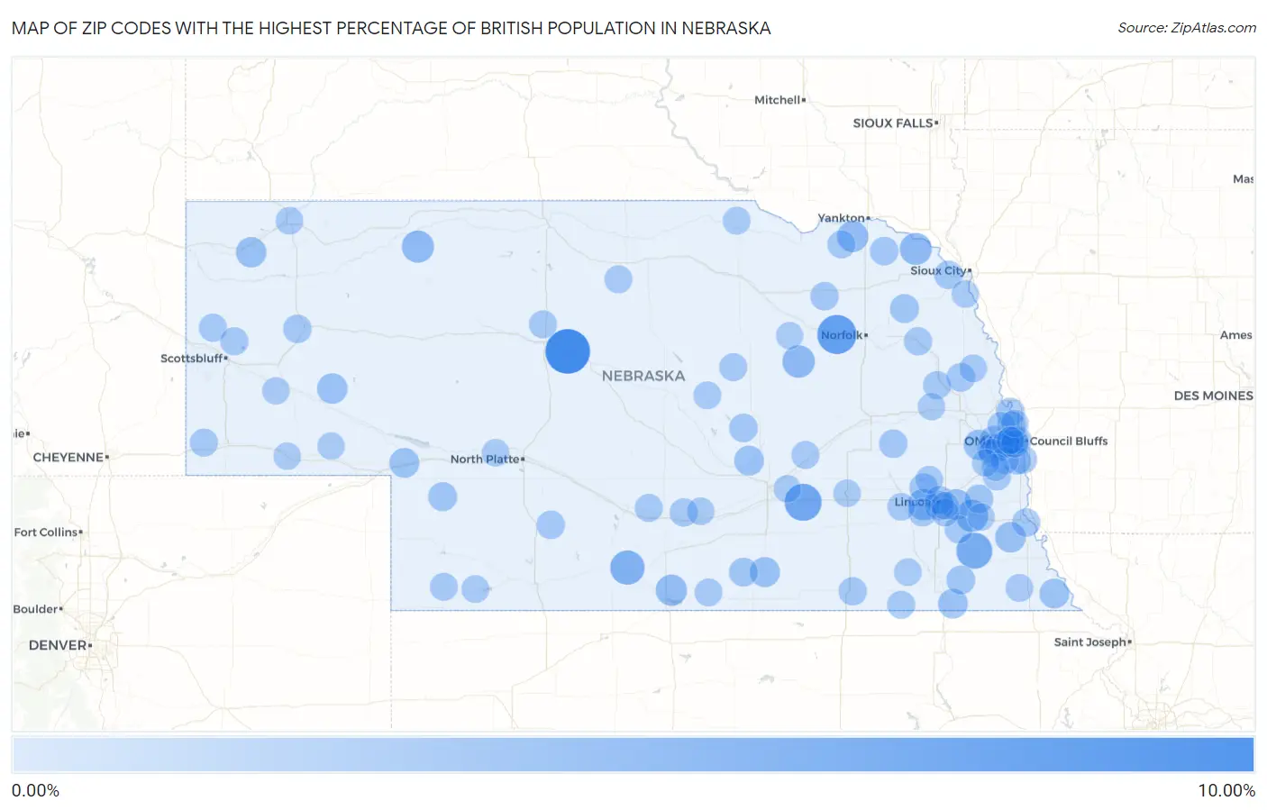 Zip Codes with the Highest Percentage of British Population in Nebraska Map
