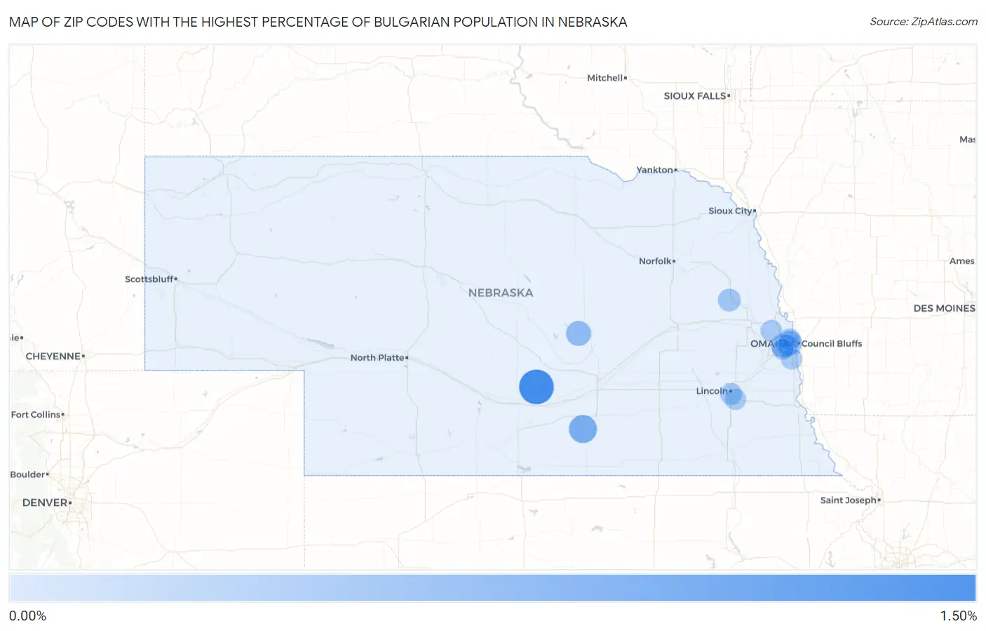 Zip Codes with the Highest Percentage of Bulgarian Population in Nebraska Map