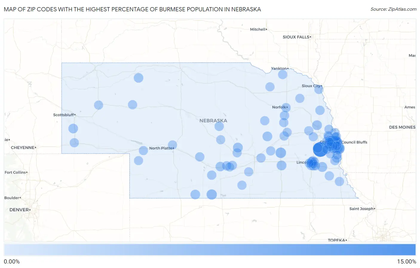 Zip Codes with the Highest Percentage of Burmese Population in Nebraska Map