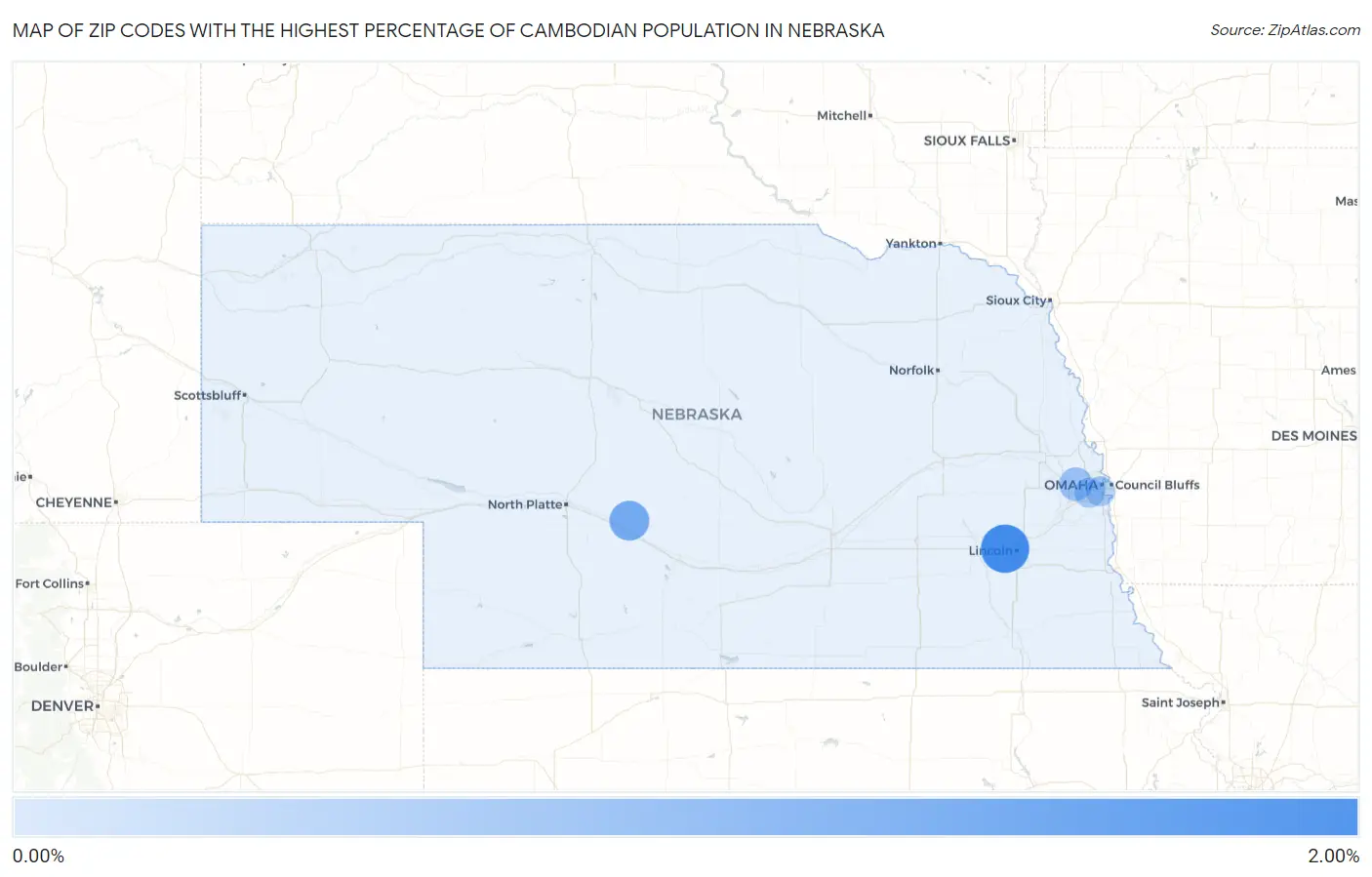 Zip Codes with the Highest Percentage of Cambodian Population in Nebraska Map