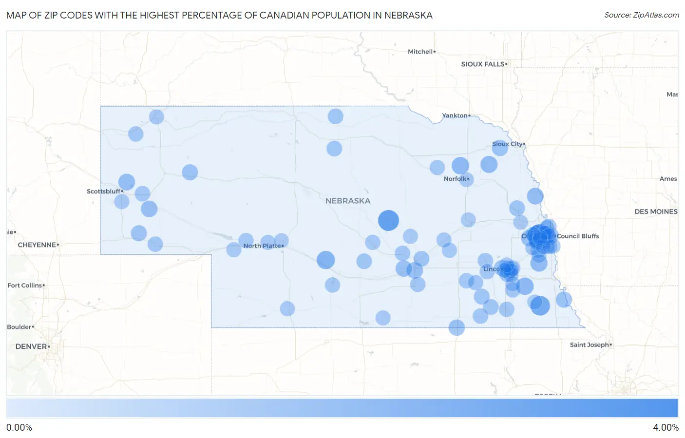 Zip Codes with the Highest Percentage of Canadian Population in Nebraska Map