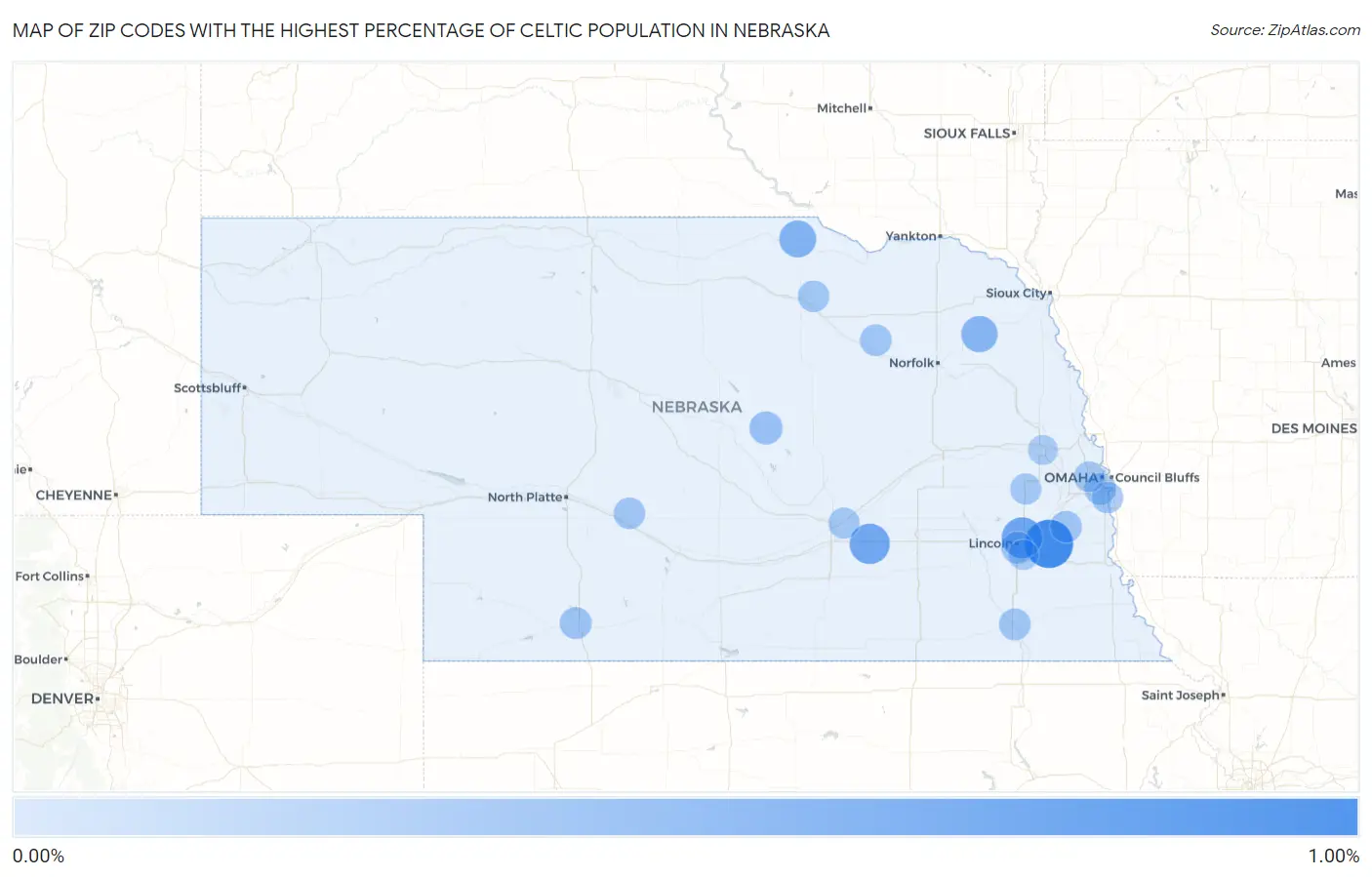 Zip Codes with the Highest Percentage of Celtic Population in Nebraska Map