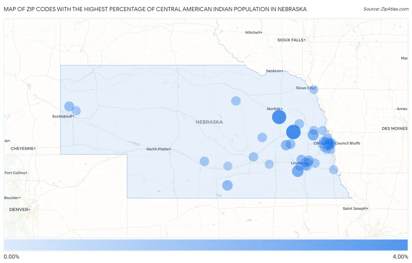 Zip Codes with the Highest Percentage of Central American Indian Population in Nebraska Map