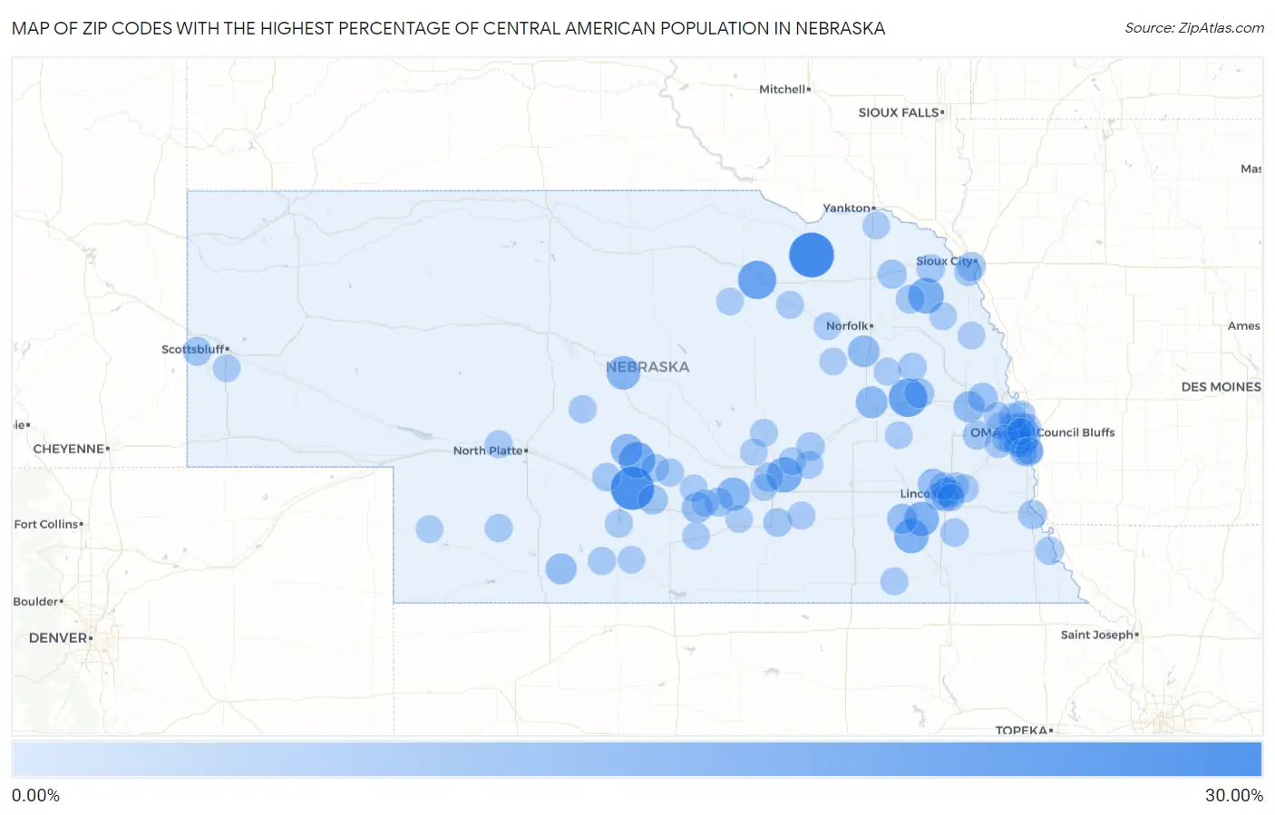 Zip Codes with the Highest Percentage of Central American Population in Nebraska Map