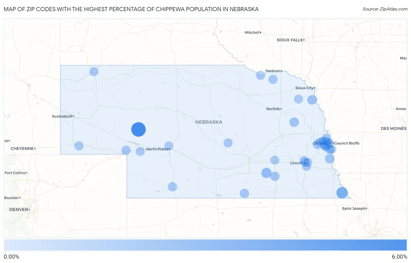 Zip Codes with the Highest Percentage of Chippewa Population in Nebraska Map