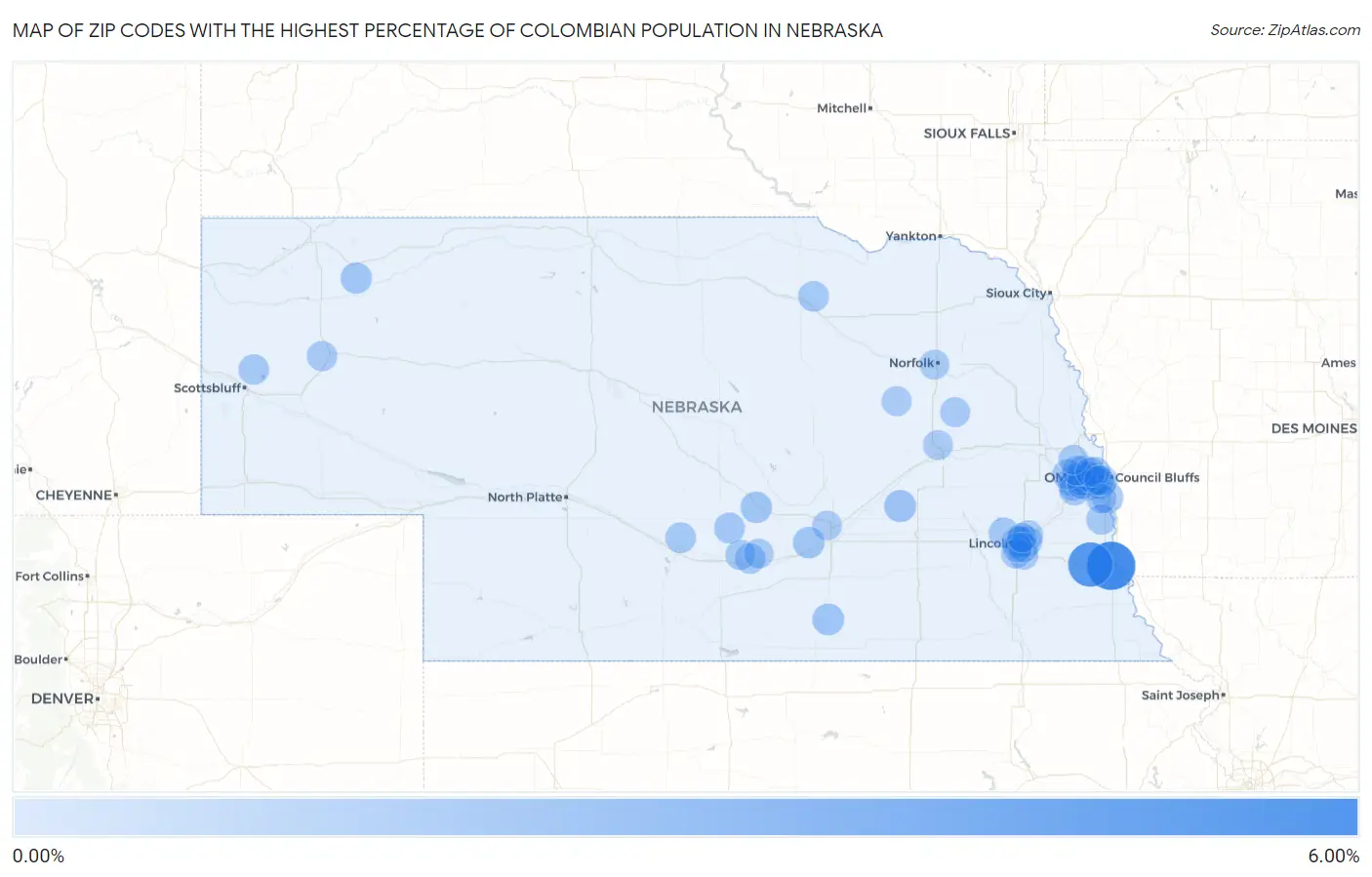 Zip Codes with the Highest Percentage of Colombian Population in Nebraska Map