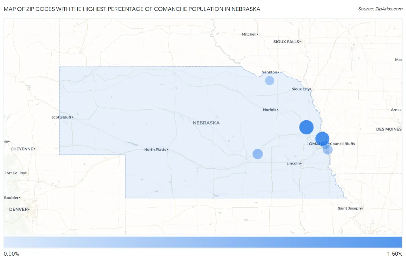 Zip Codes with the Highest Percentage of Comanche Population in Nebraska Map