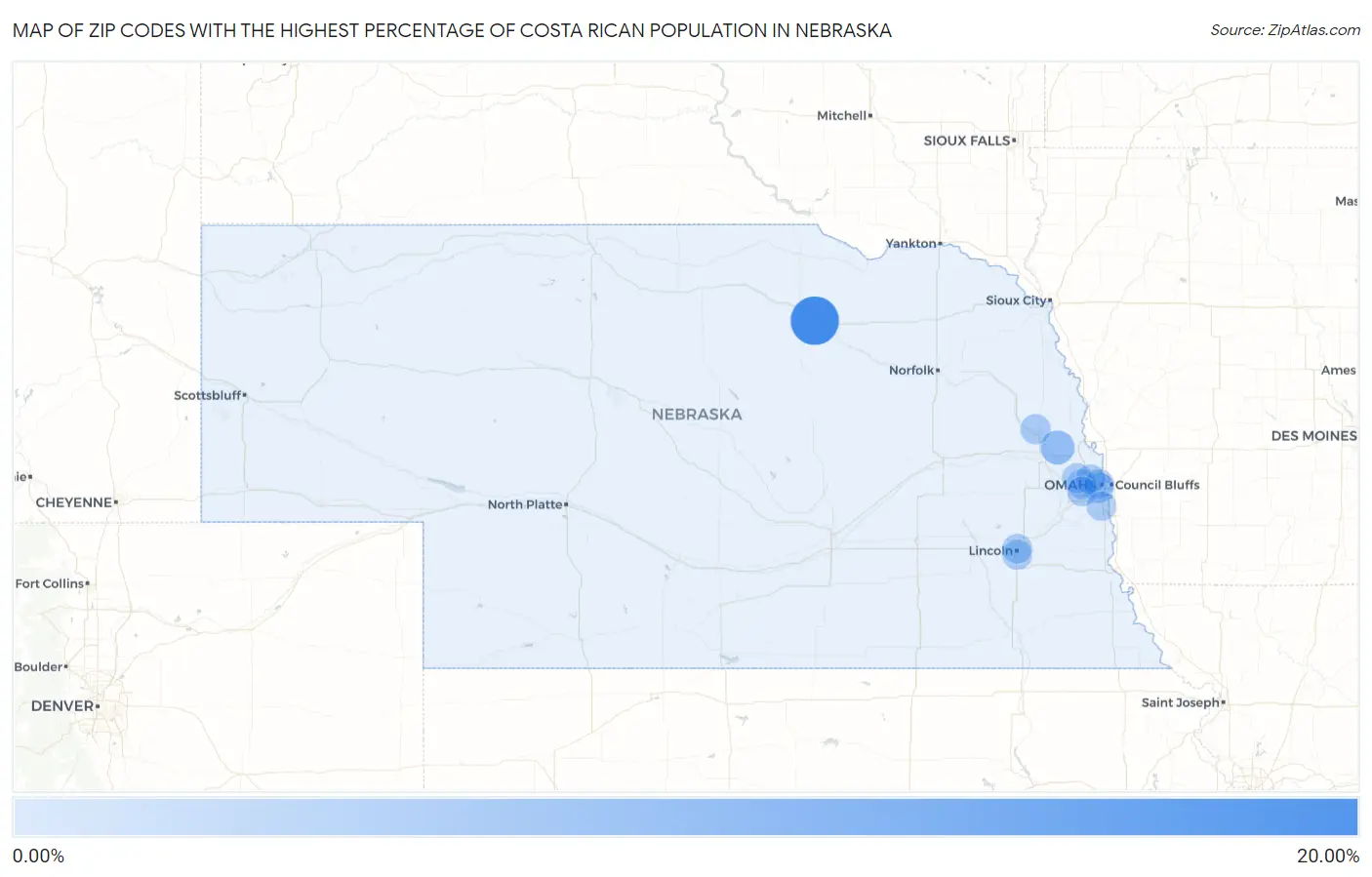 Zip Codes with the Highest Percentage of Costa Rican Population in Nebraska Map