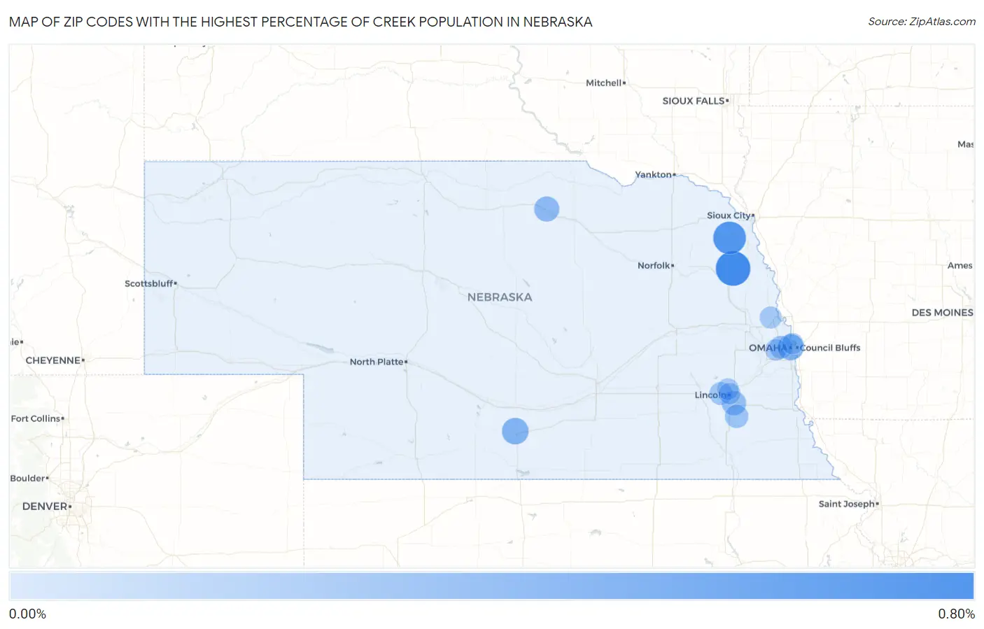 Zip Codes with the Highest Percentage of Creek Population in Nebraska Map
