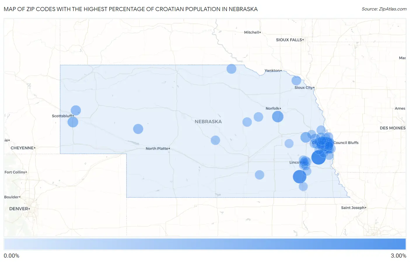 Zip Codes with the Highest Percentage of Croatian Population in Nebraska Map