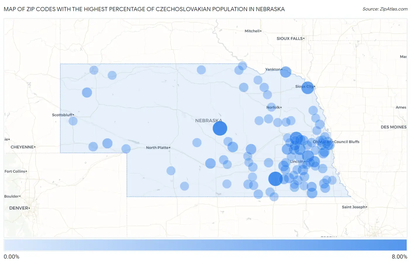 Zip Codes with the Highest Percentage of Czechoslovakian Population in Nebraska Map