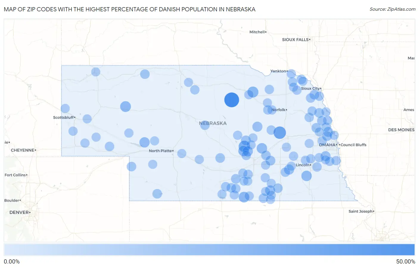 Zip Codes with the Highest Percentage of Danish Population in Nebraska Map