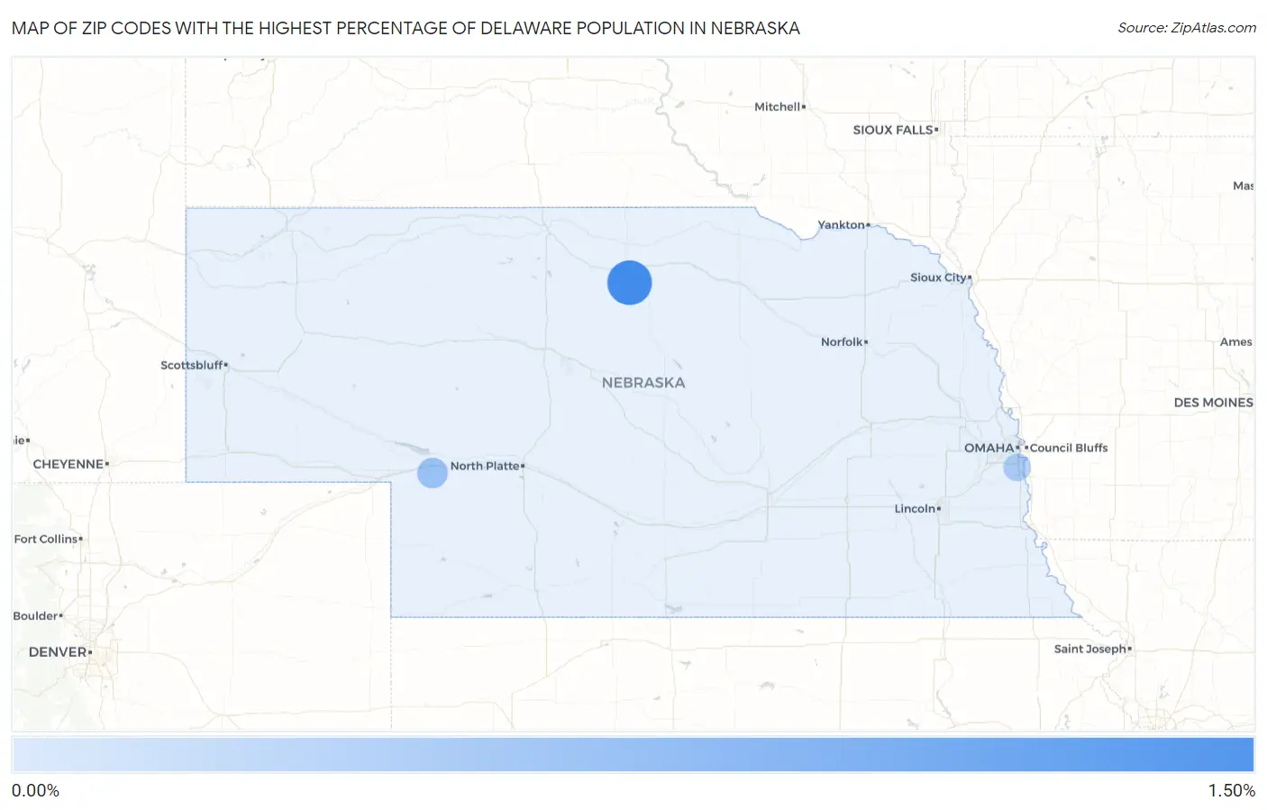 Zip Codes with the Highest Percentage of Delaware Population in Nebraska Map