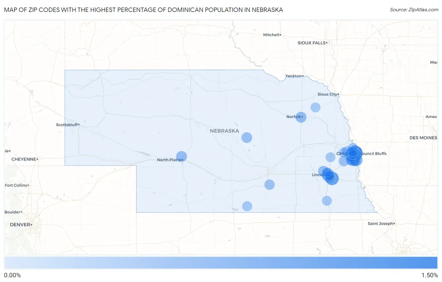 Zip Codes with the Highest Percentage of Dominican Population in Nebraska Map