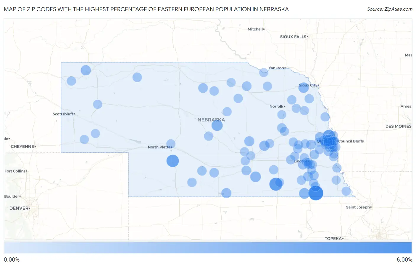 Zip Codes with the Highest Percentage of Eastern European Population in Nebraska Map