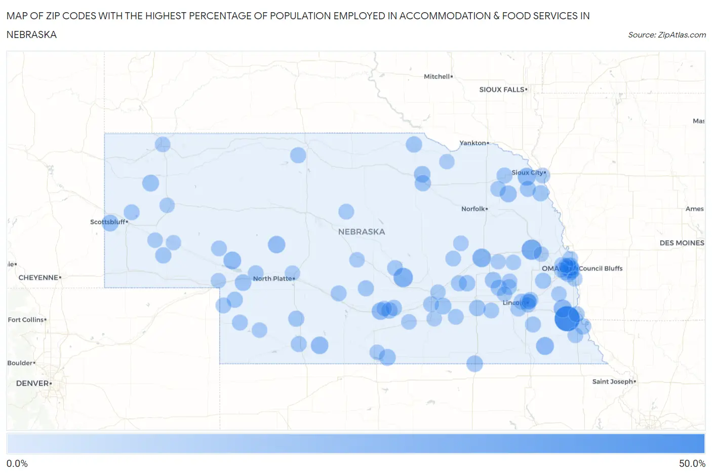 Zip Codes with the Highest Percentage of Population Employed in Accommodation & Food Services in Nebraska Map