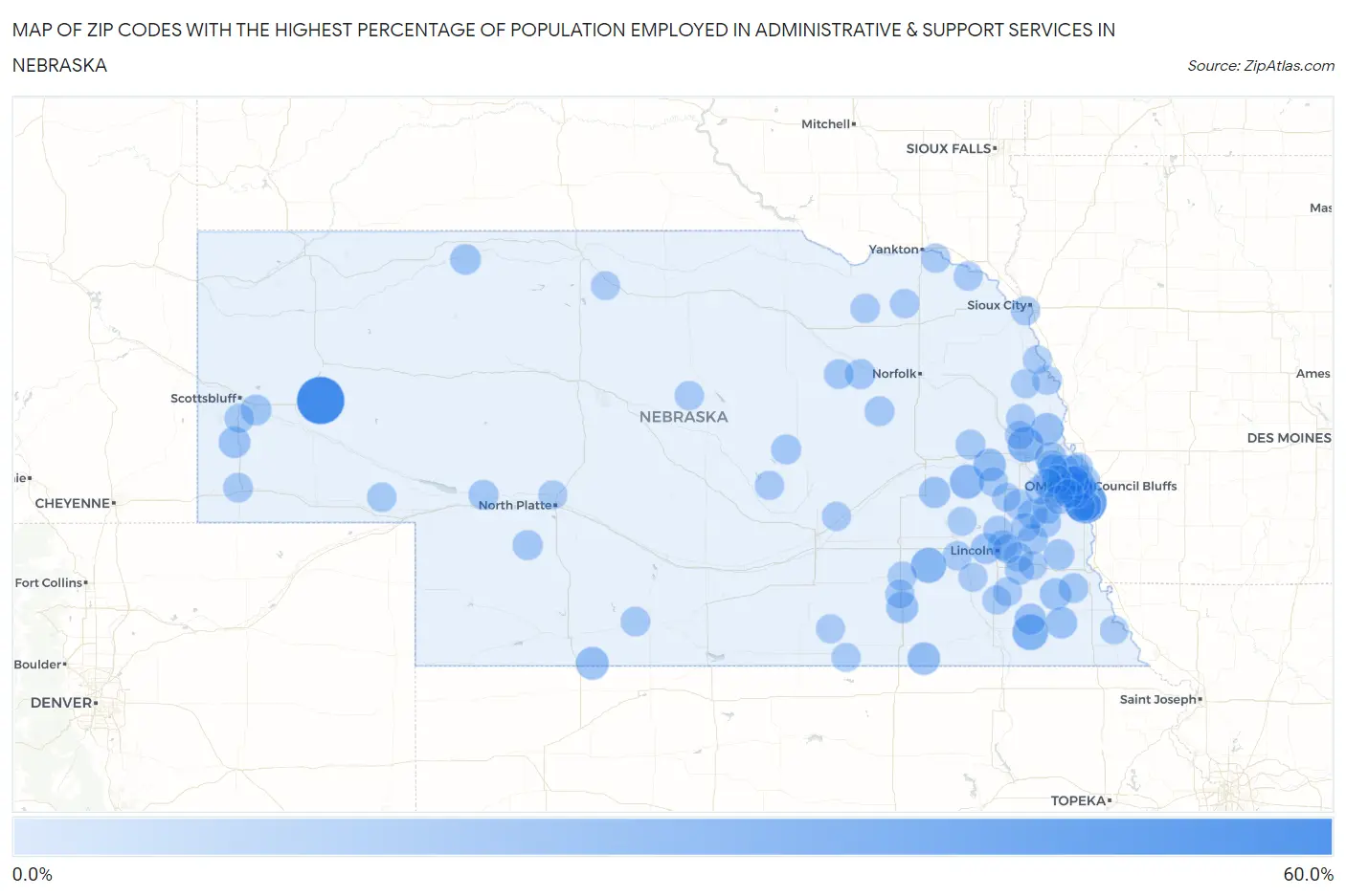 Zip Codes with the Highest Percentage of Population Employed in Administrative & Support Services in Nebraska Map