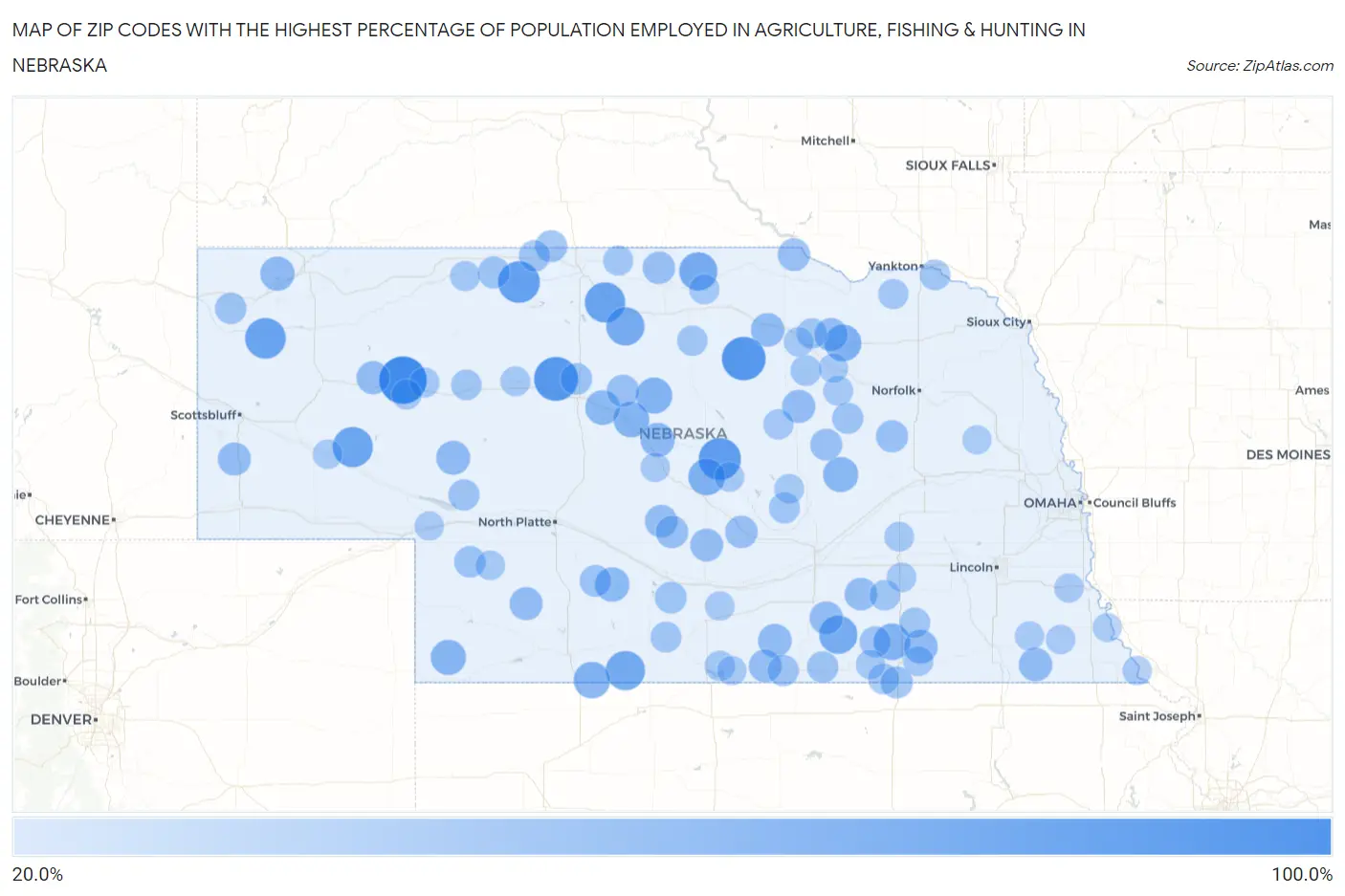 Zip Codes with the Highest Percentage of Population Employed in Agriculture, Fishing & Hunting in Nebraska Map