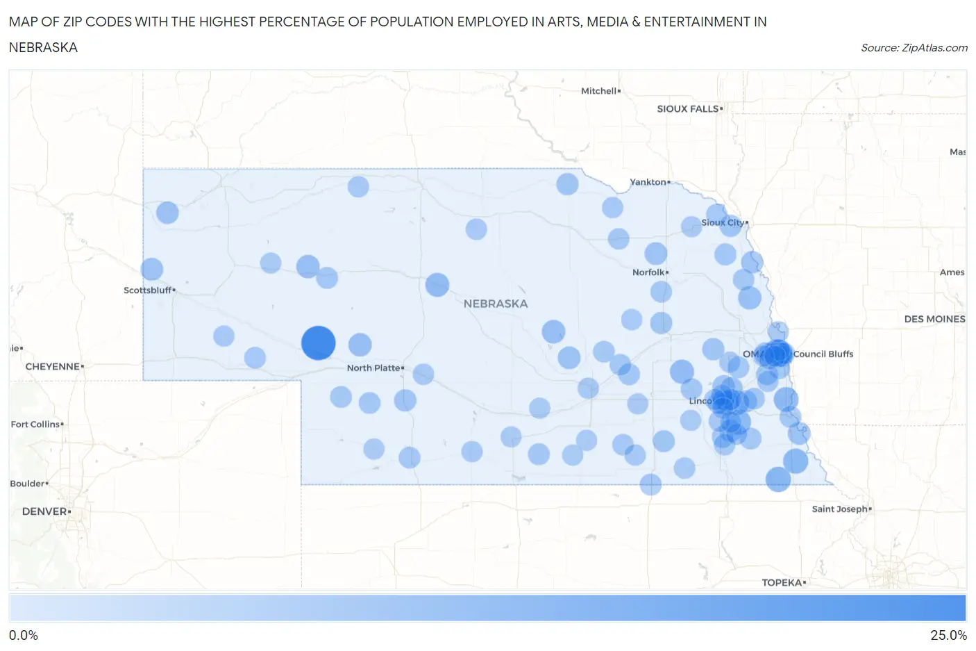 Zip Codes with the Highest Percentage of Population Employed in Arts, Media & Entertainment in Nebraska Map