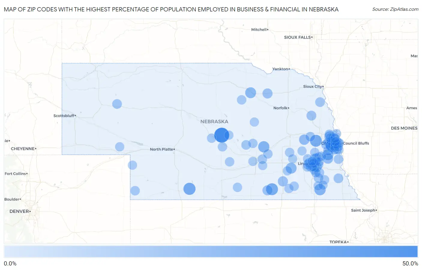 Zip Codes with the Highest Percentage of Population Employed in Business & Financial in Nebraska Map