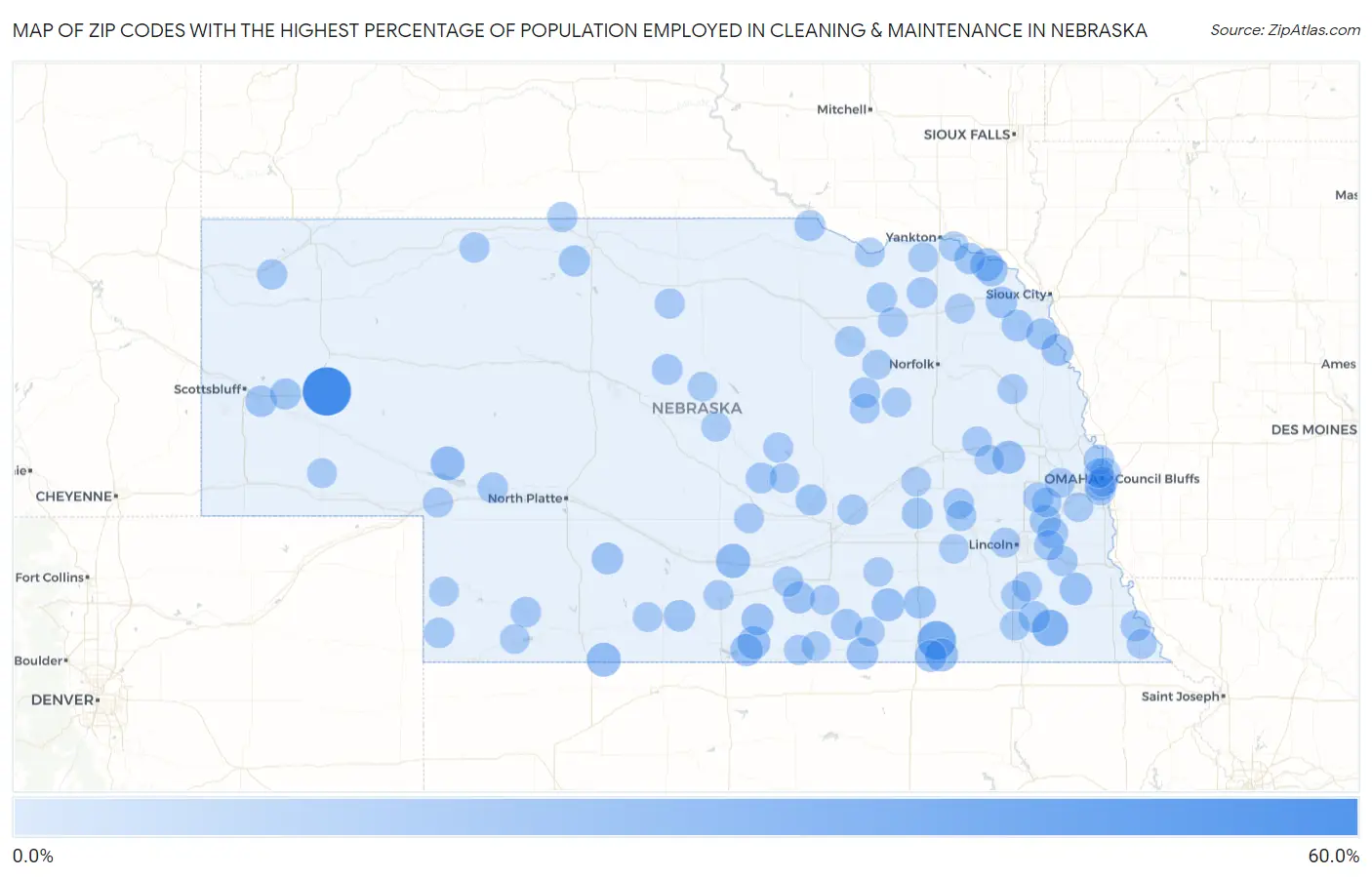 Zip Codes with the Highest Percentage of Population Employed in Cleaning & Maintenance in Nebraska Map