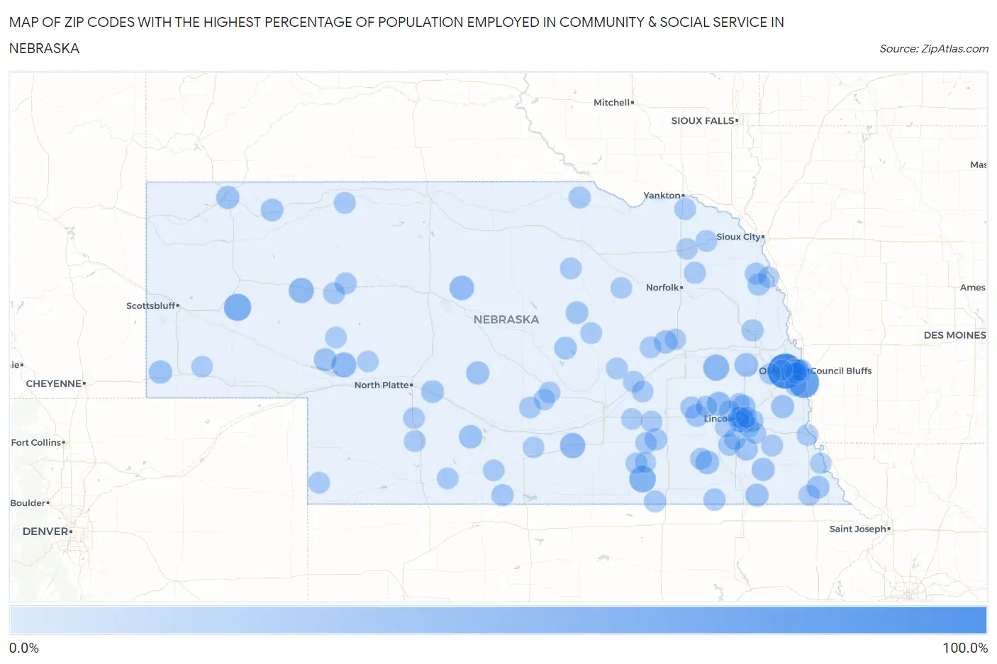 Zip Codes with the Highest Percentage of Population Employed in Community & Social Service  in Nebraska Map