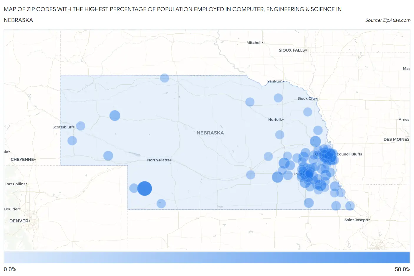 Zip Codes with the Highest Percentage of Population Employed in Computer, Engineering & Science in Nebraska Map