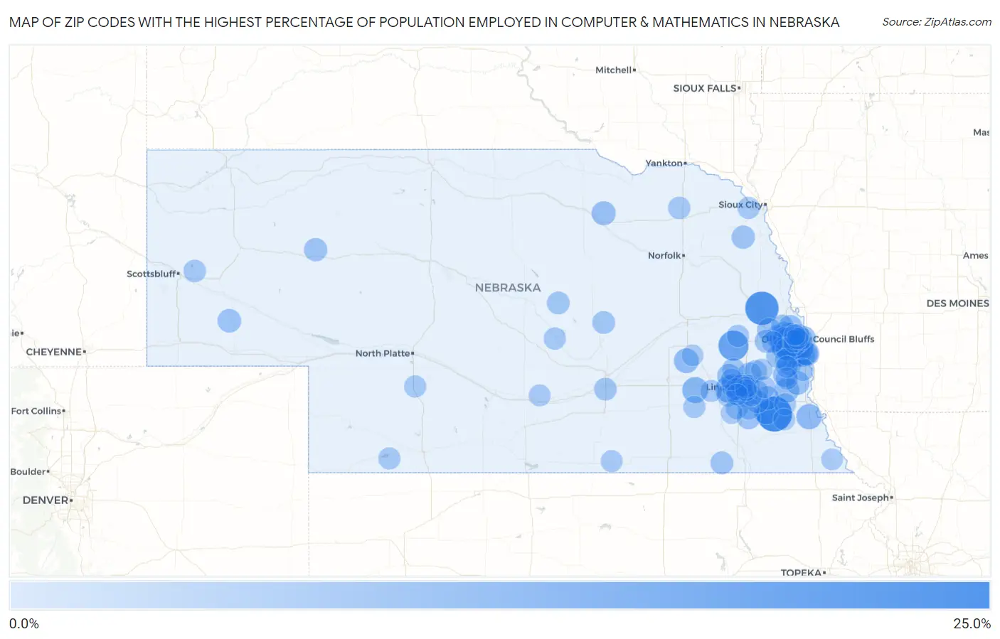 Zip Codes with the Highest Percentage of Population Employed in Computer & Mathematics in Nebraska Map