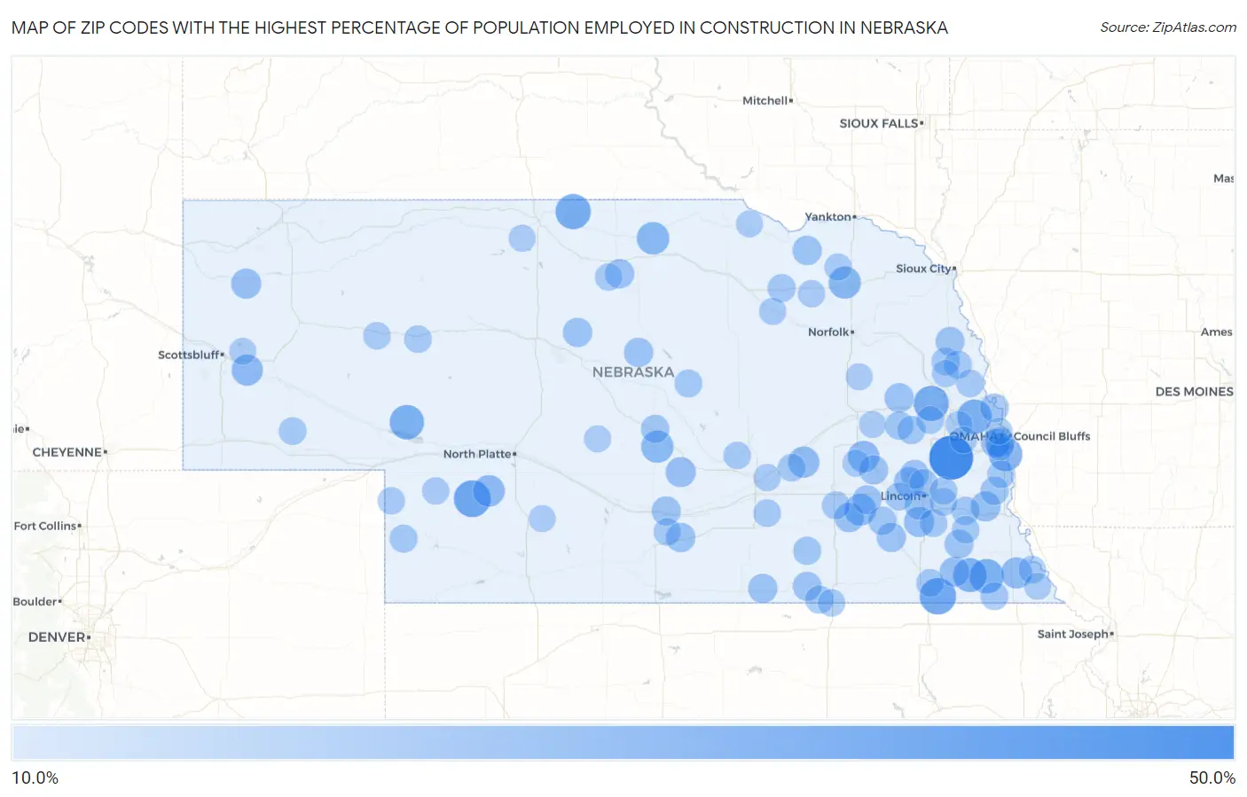 Zip Codes with the Highest Percentage of Population Employed in Construction in Nebraska Map