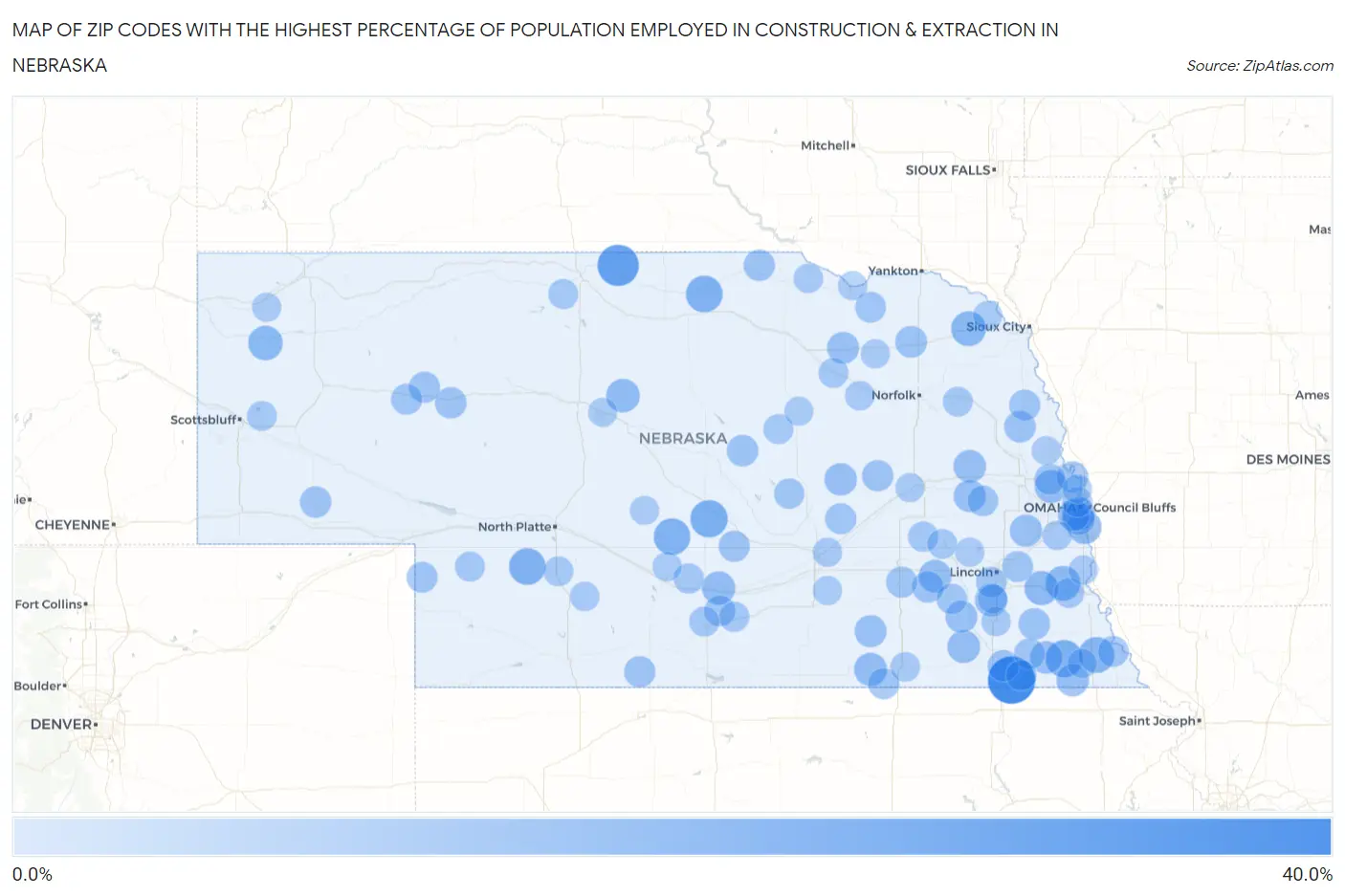 Zip Codes with the Highest Percentage of Population Employed in Construction & Extraction in Nebraska Map