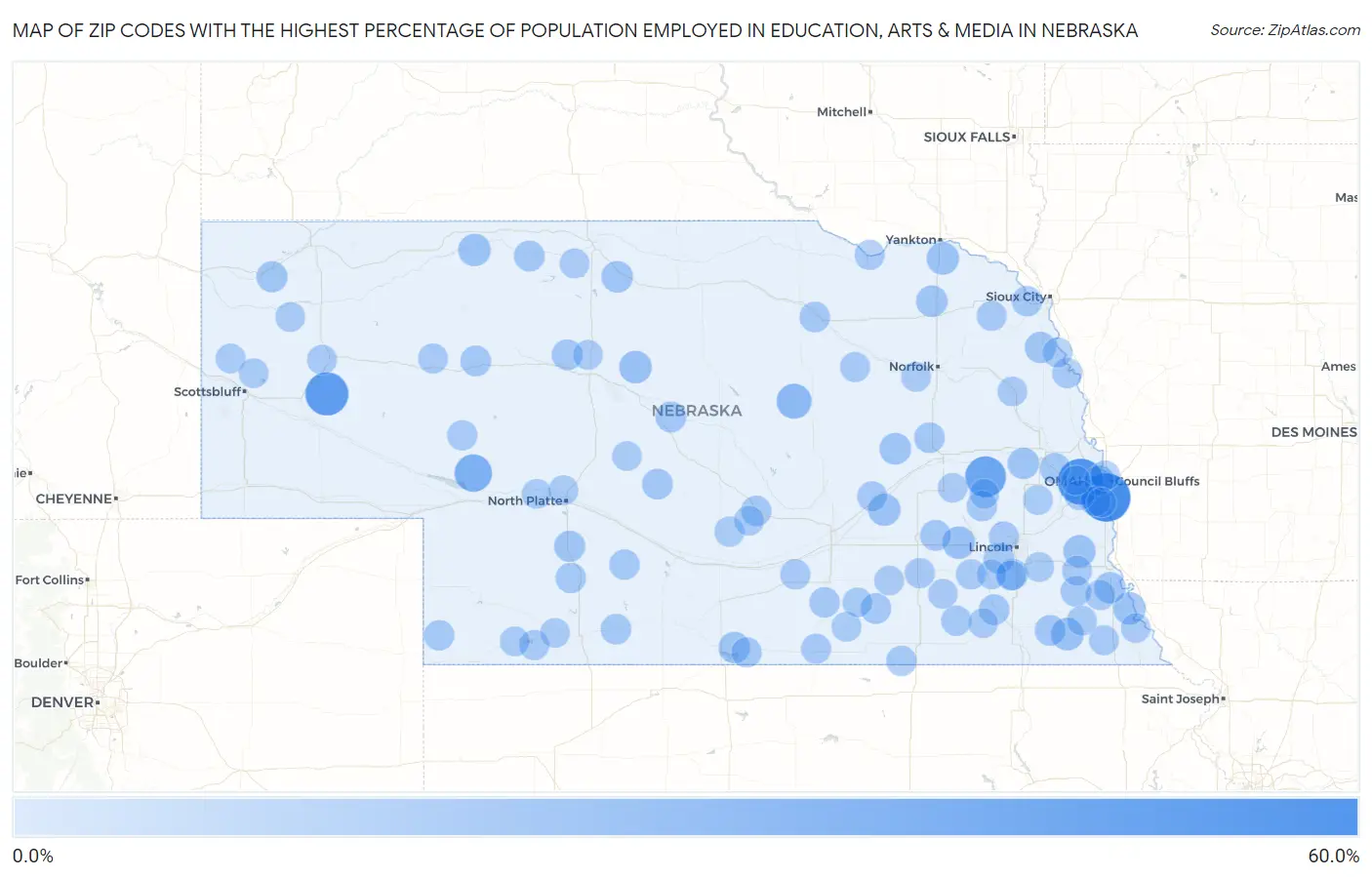 Zip Codes with the Highest Percentage of Population Employed in Education, Arts & Media in Nebraska Map