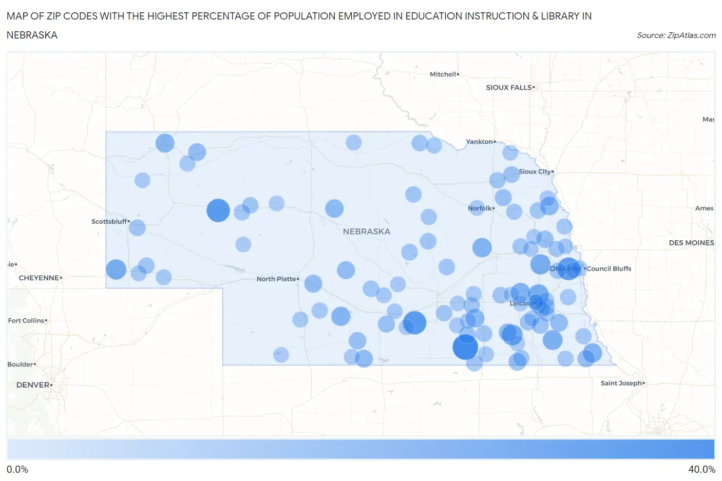 Zip Codes with the Highest Percentage of Population Employed in Education Instruction & Library in Nebraska Map