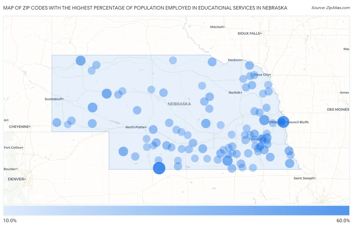 Zip Codes with the Highest Percentage of Population Employed in Educational Services in Nebraska Map