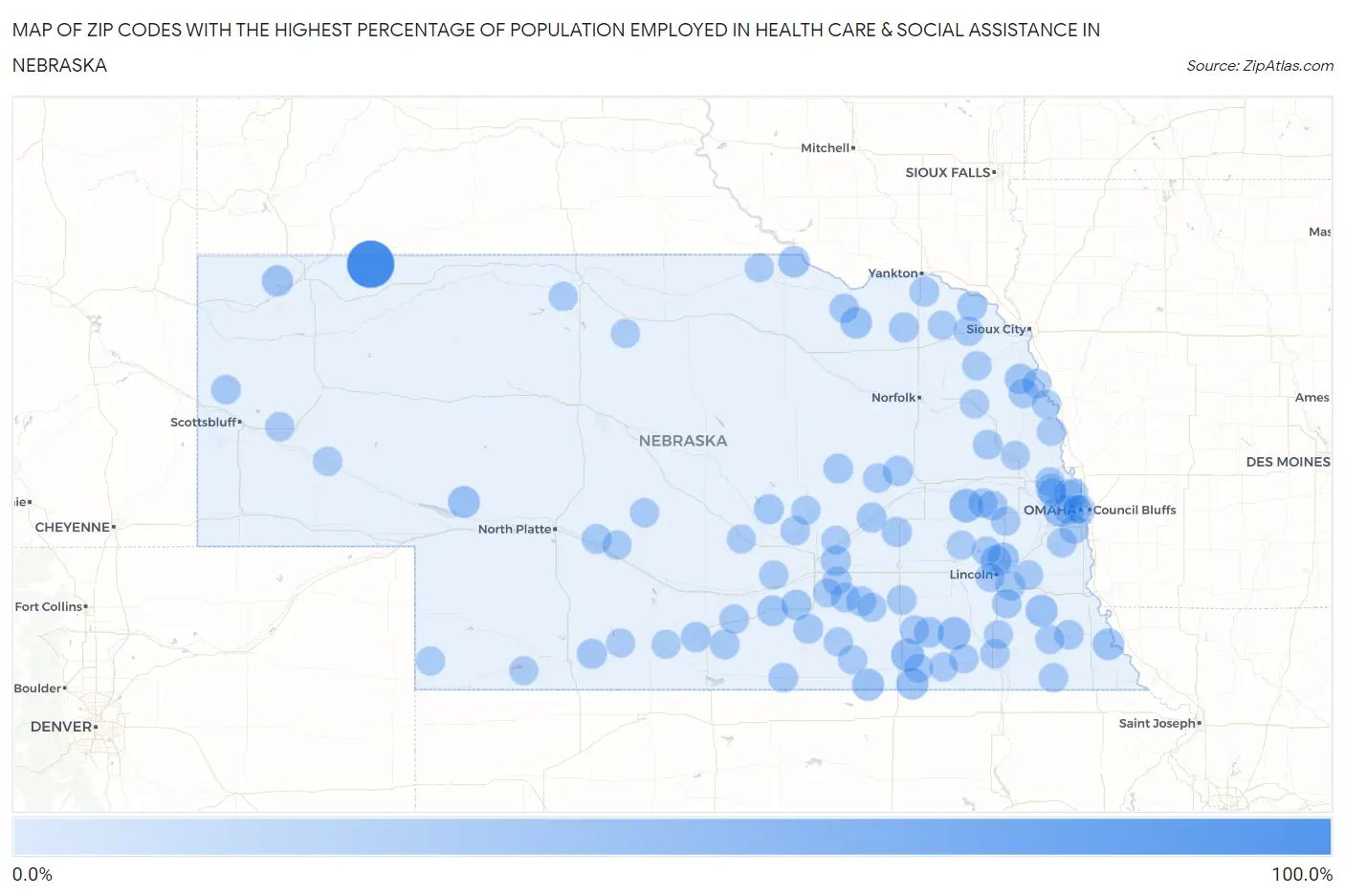 Zip Codes with the Highest Percentage of Population Employed in Health Care & Social Assistance in Nebraska Map