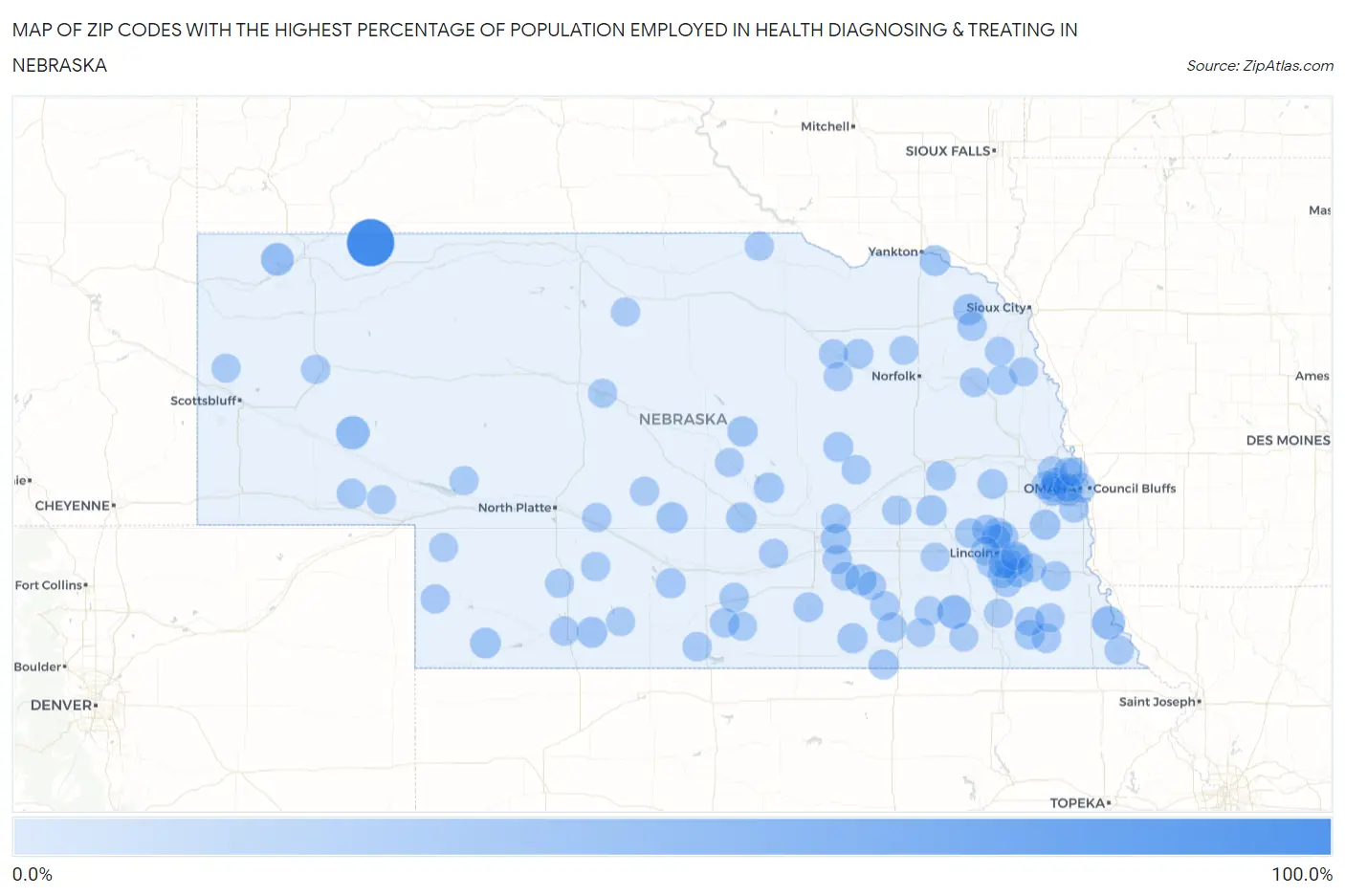 Zip Codes with the Highest Percentage of Population Employed in Health Diagnosing & Treating in Nebraska Map