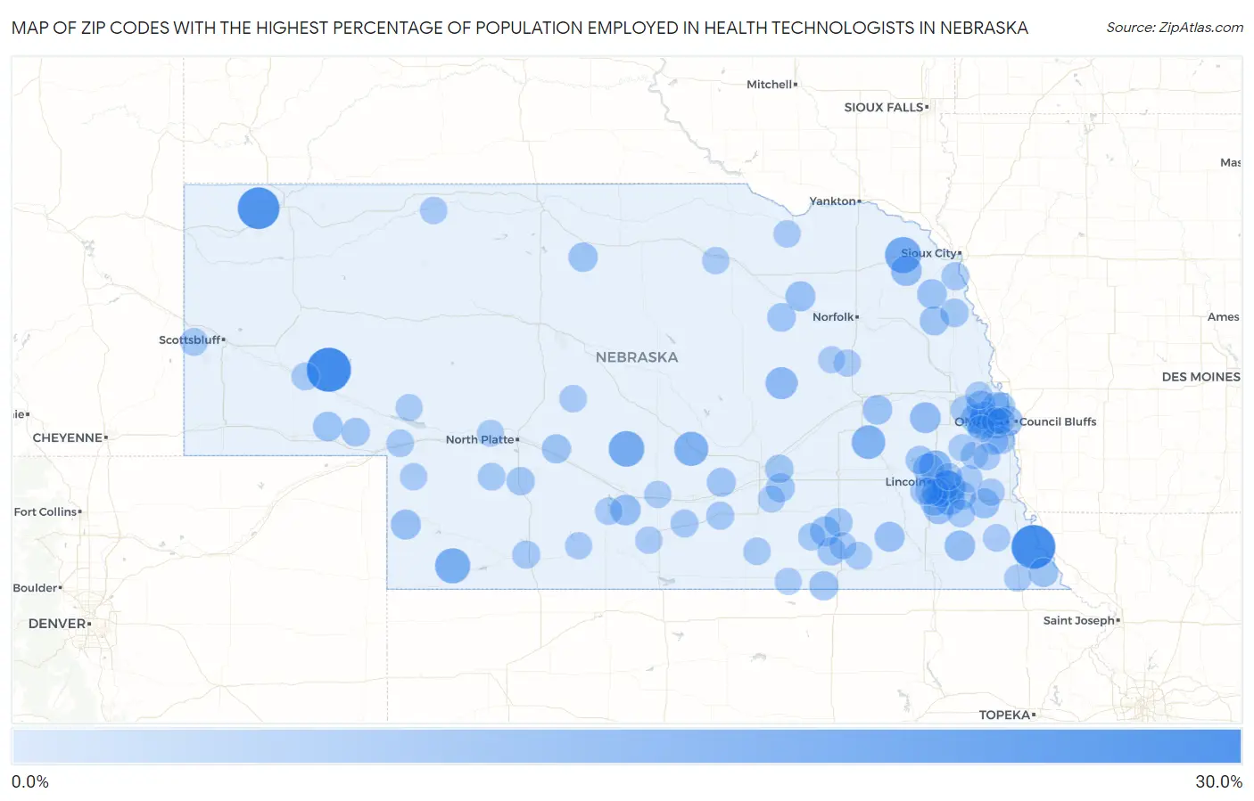 Zip Codes with the Highest Percentage of Population Employed in Health Technologists in Nebraska Map
